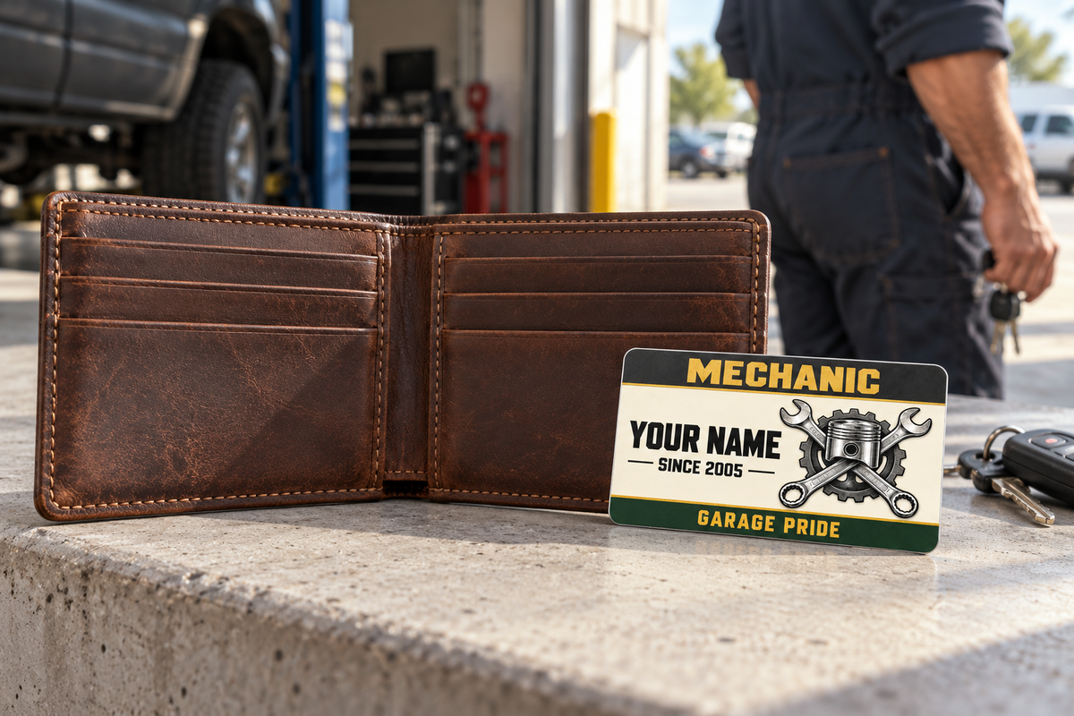 Mechanic Heritage Band aluminum wallet card shown at wallet scale in an automotive workshop setting.