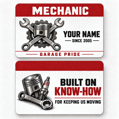 Front and reverse of a mechanic red header wallet card with trade-themed artwork and pride lettering.