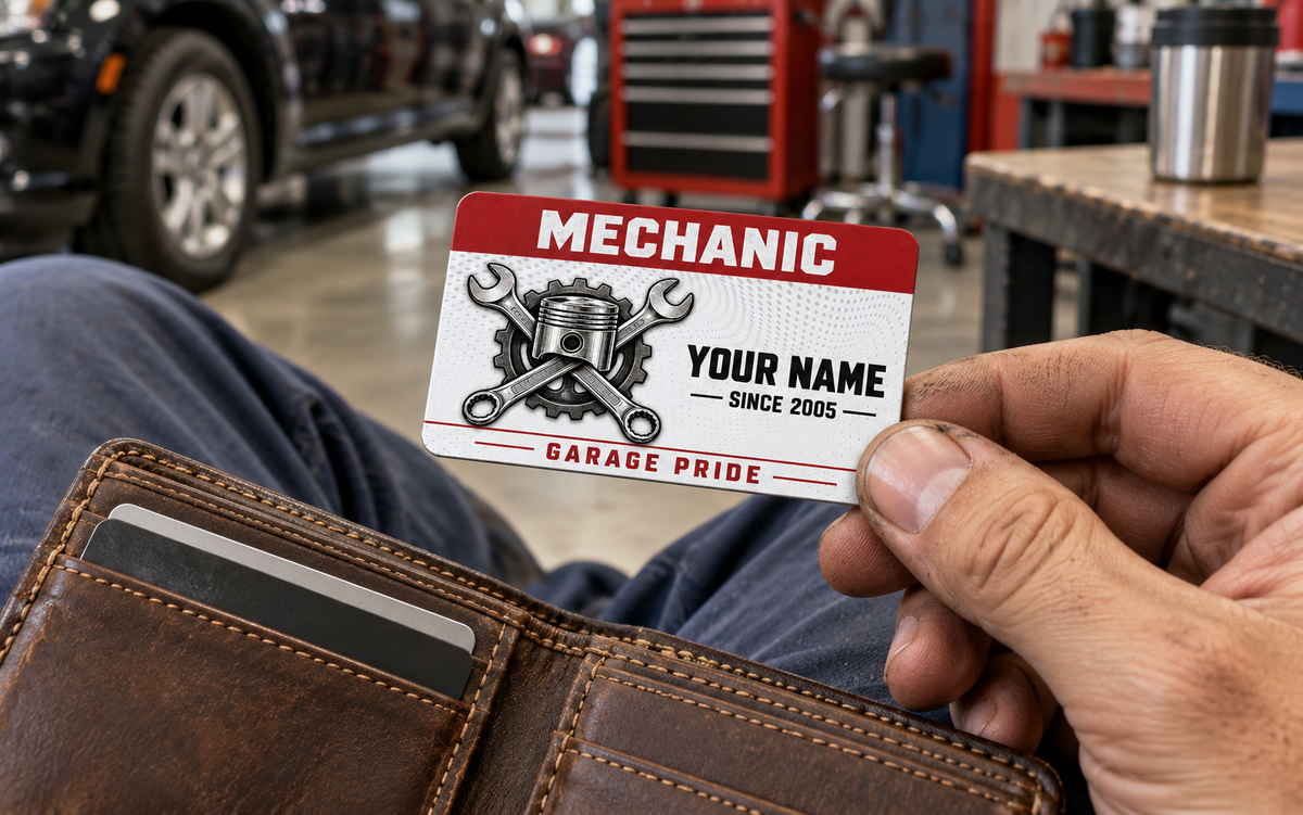Mechanic Red Header aluminum wallet card held above an open leather wallet in an automotive garage.