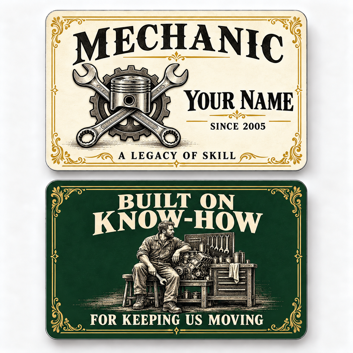 Front and reverse of a mechanic ivory heritage wallet card with trade-themed artwork and pride lettering.