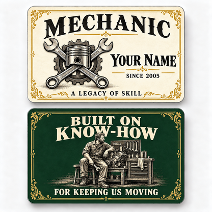 Front and reverse of a mechanic ivory heritage wallet card with trade-themed artwork and pride lettering.
