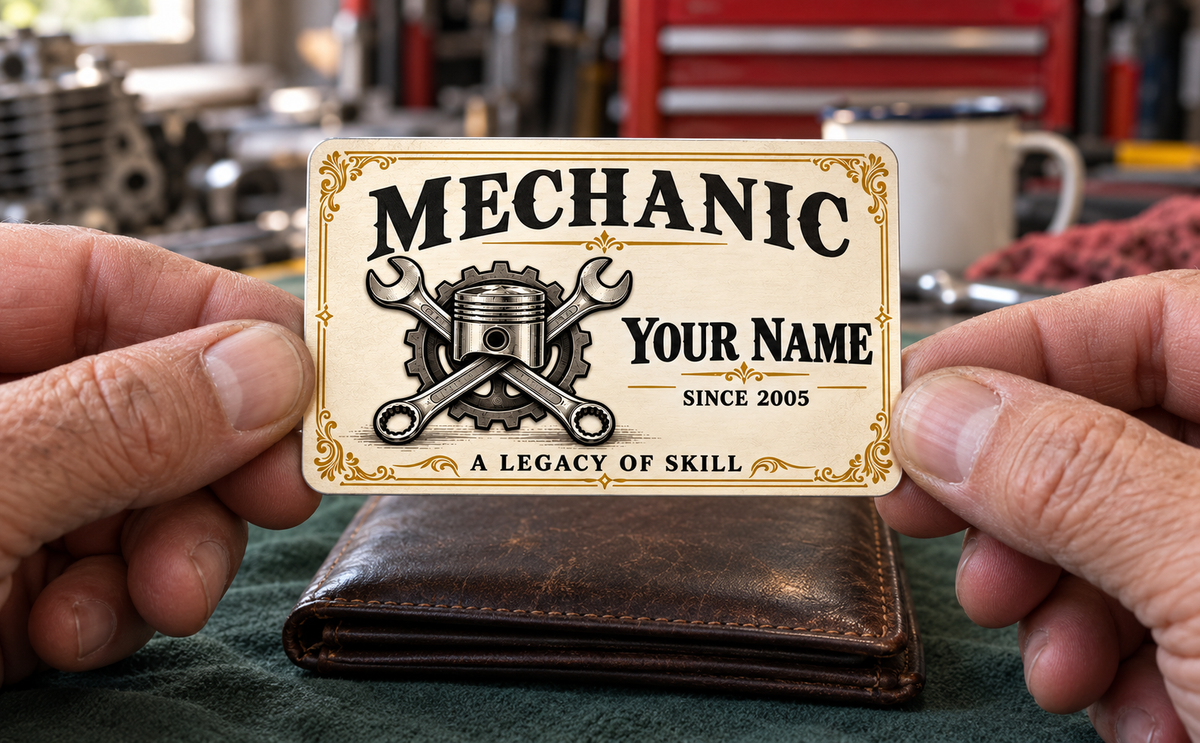 Mechanic Ivory Heritage aluminum wallet card shown at wallet scale in an automotive workshop setting.
