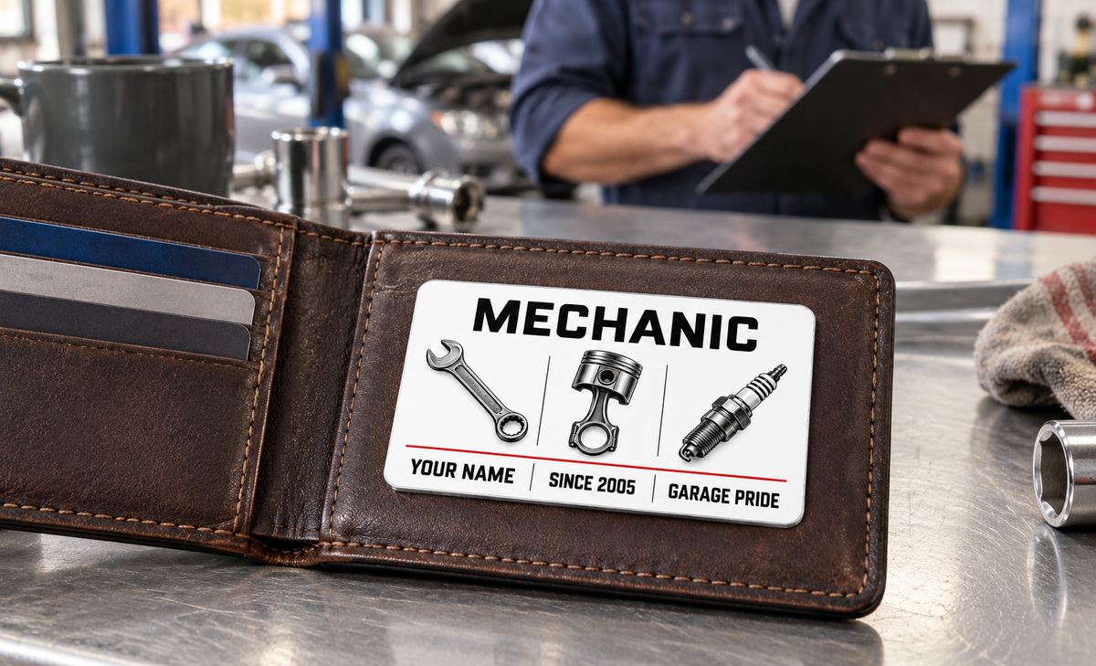 Mechanic Minimal Grid aluminum wallet card resting within one panel of an open leather bifold wallet in a garage.