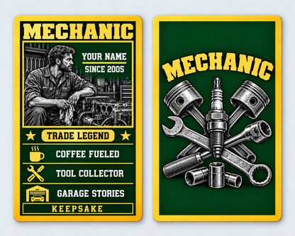 Front and reverse of a mechanic trade legend wallet card with trade-themed artwork and pride lettering.