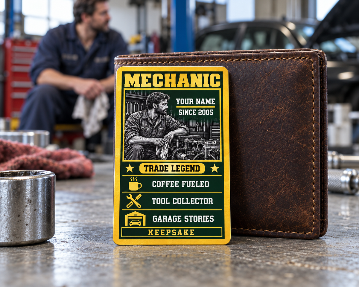 Mechanic wallet card in a automotive repair garage break area with an adult man and leather wallet.