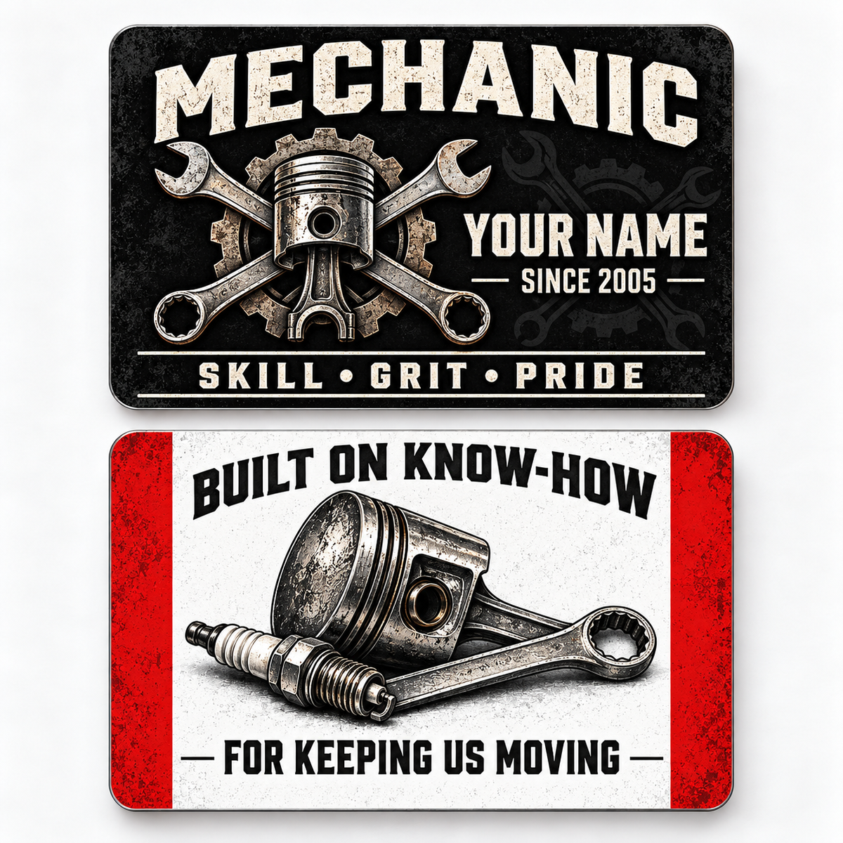Front and reverse of a mechanic midnight pride wallet card with trade-themed artwork and pride lettering.