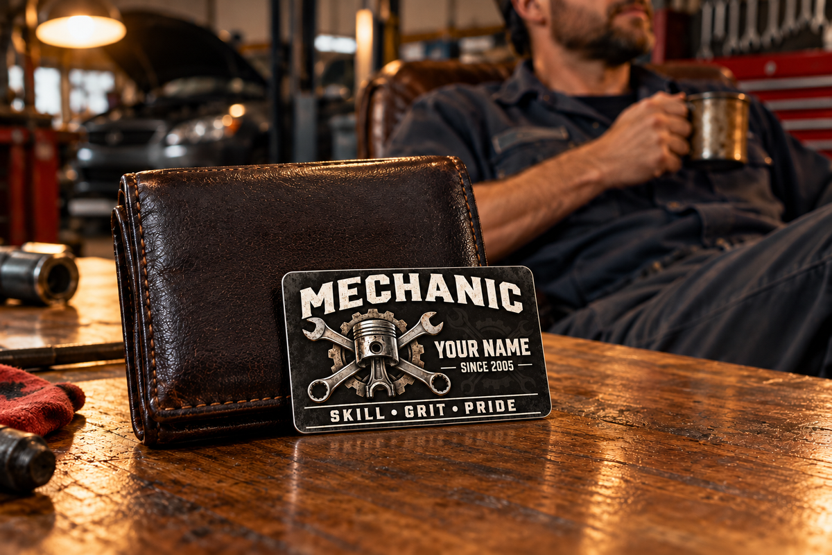 Mechanic Midnight Pride aluminum wallet card leaning against a dark leather wallet during a warm evening garage break.
