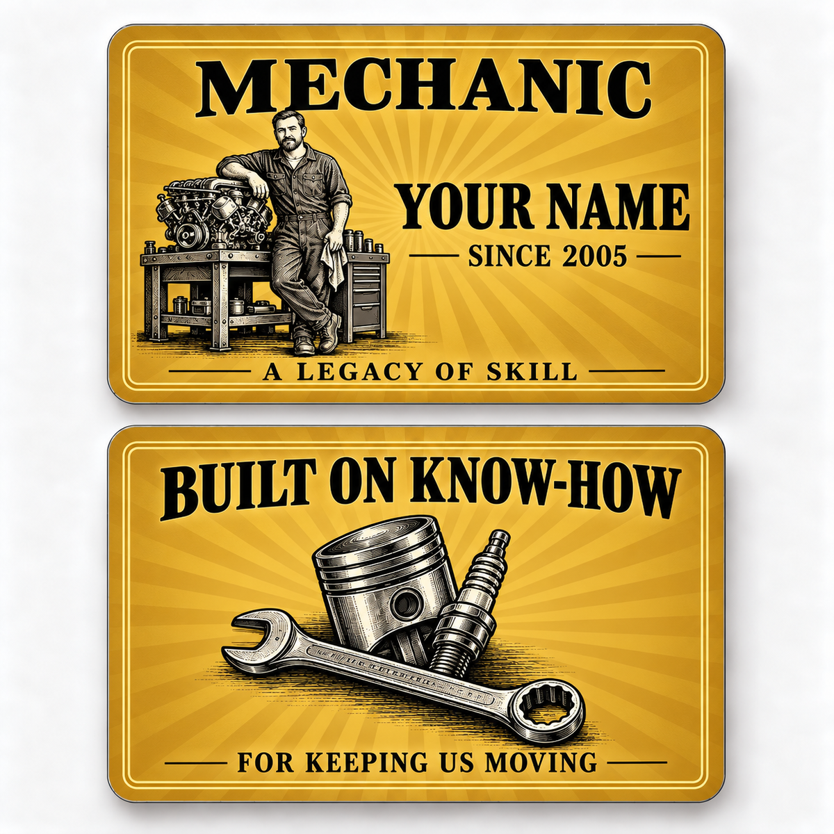 Front and reverse of a mechanic golden milestone wallet card with trade-themed artwork and pride lettering.
