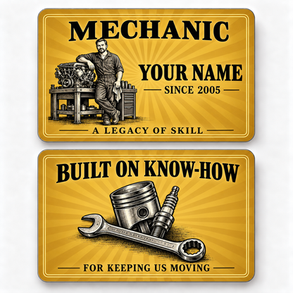 Front and reverse of a mechanic golden milestone wallet card with trade-themed artwork and pride lettering.