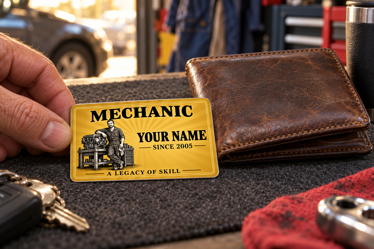 Mechanic Golden Milestone aluminum wallet card shown at wallet scale in an automotive workshop setting.