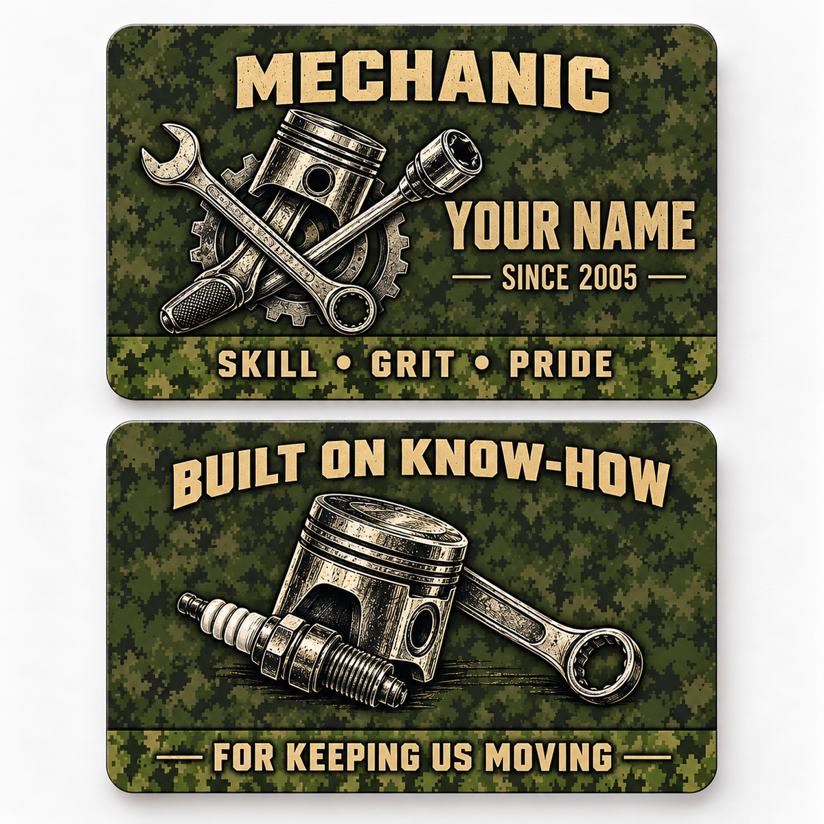 Front and reverse of a mechanic rugged field wallet card with trade-themed artwork and pride lettering.