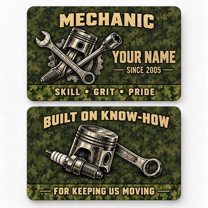 Front and reverse of a mechanic rugged field wallet card with trade-themed artwork and pride lettering.