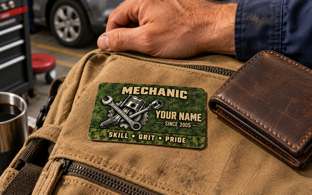 Mechanic Rugged Field aluminum wallet card on a canvas work bag beside a brown leather wallet in a garage.