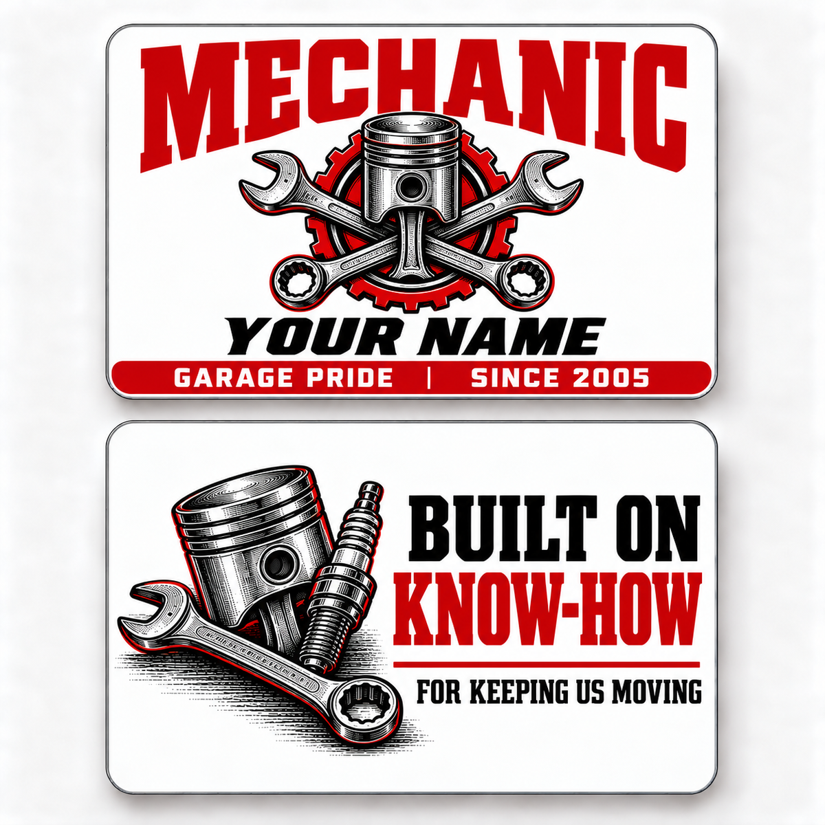 Front and reverse of a mechanic signature modern wallet card with trade-themed artwork and pride lettering.