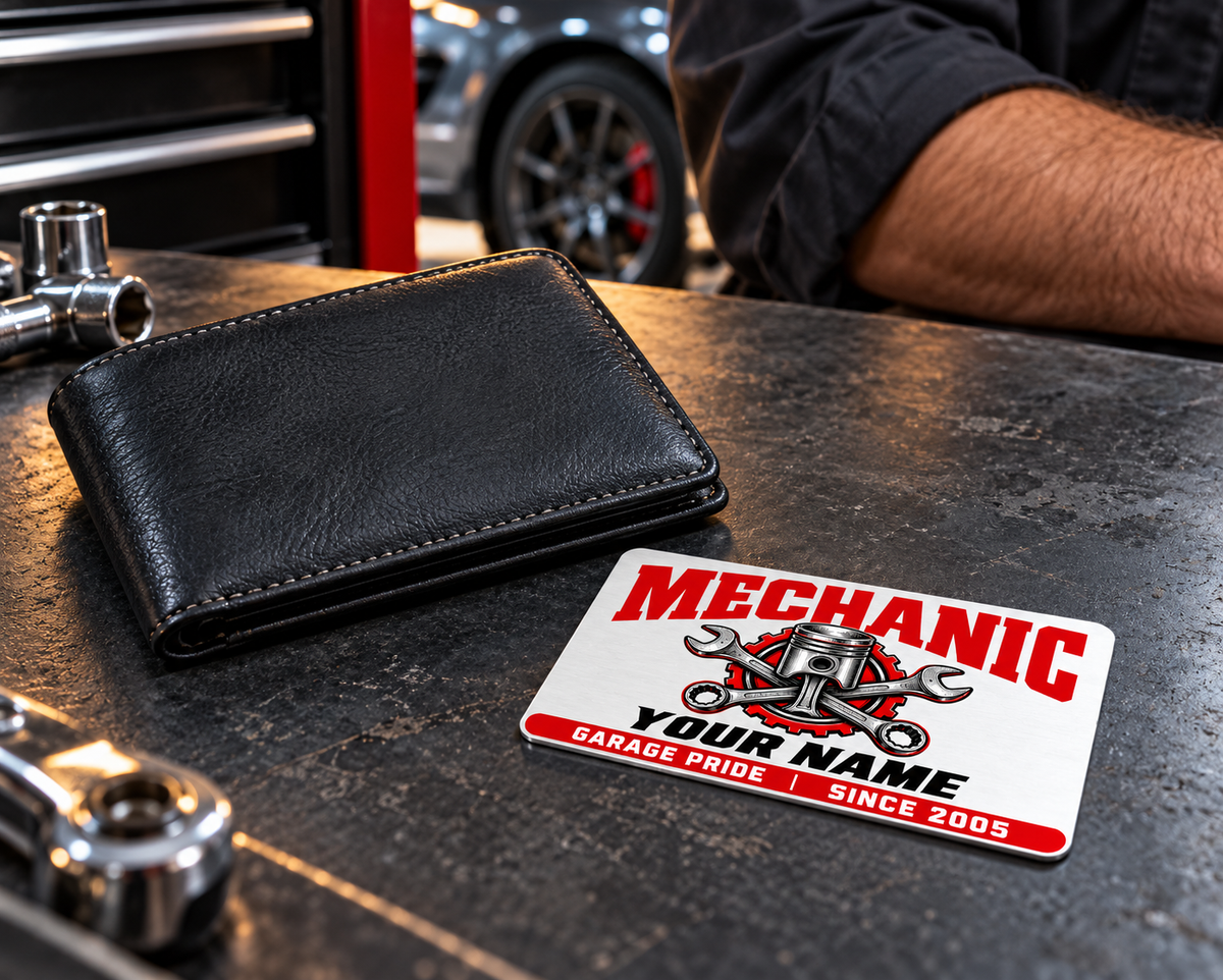 Mechanic Signature Modern aluminum wallet card shown at wallet scale in an automotive workshop setting.