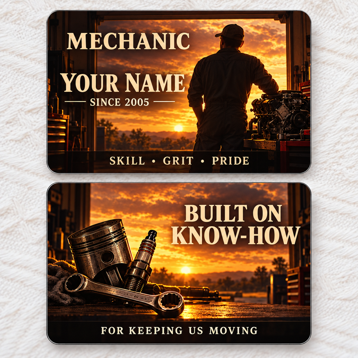 Front and reverse of a mechanic sunset workday wallet card with trade-themed artwork and pride lettering.