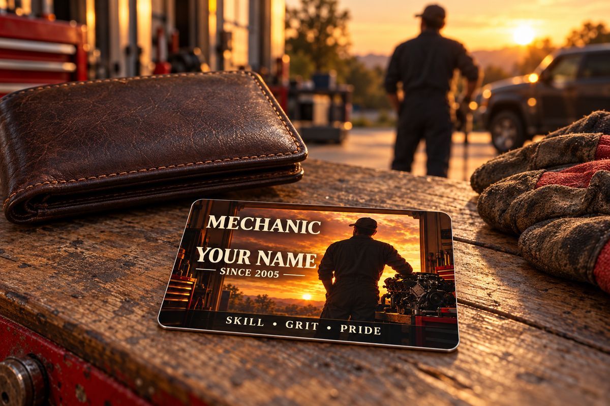 Mechanic Sunset Workday aluminum wallet card shown at wallet scale in an automotive workshop setting.