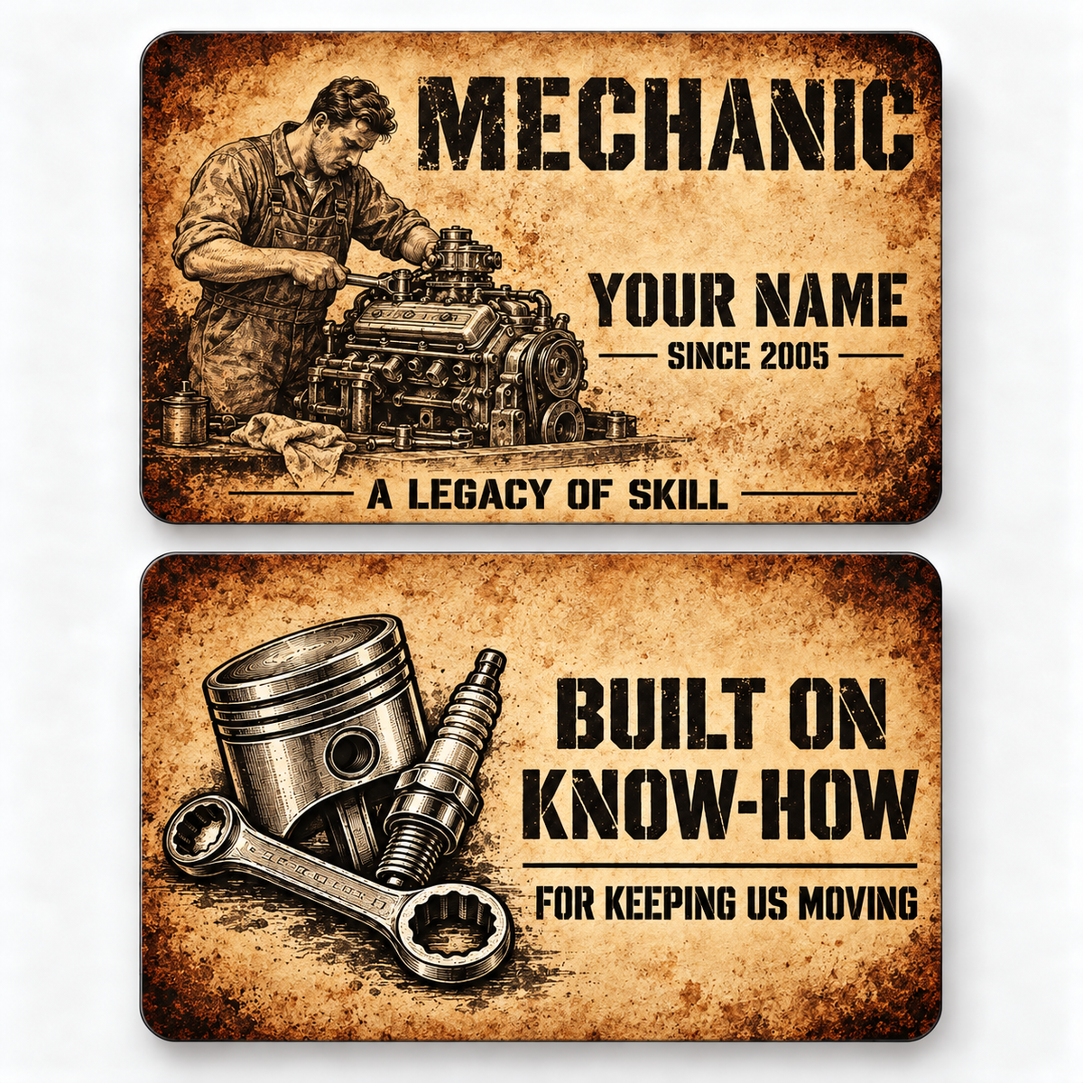 Front and reverse of a mechanic sepia legacy wallet card with trade-themed artwork and pride lettering.