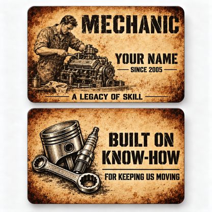Front and reverse of a mechanic sepia legacy wallet card with trade-themed artwork and pride lettering.