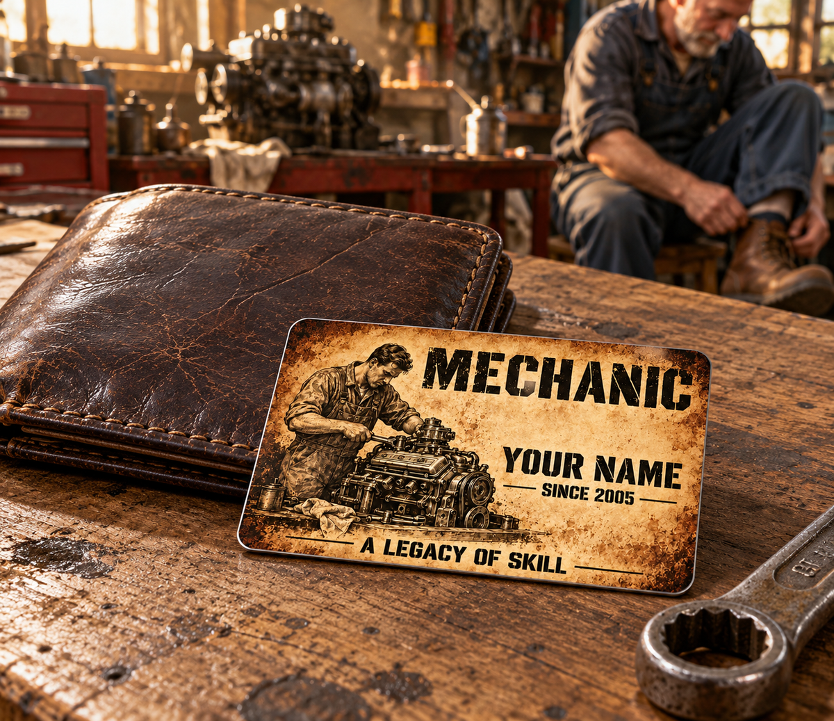 Mechanic Sepia Legacy aluminum wallet card shown at wallet scale in an automotive workshop setting.