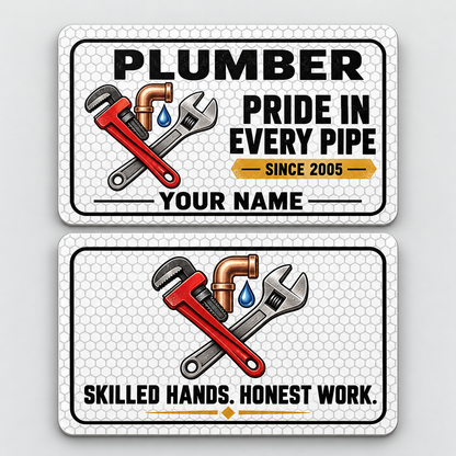 Front and reverse views of the Plumber Honeycomb Pride aluminum wallet card, showing its trade-themed printed artwork.