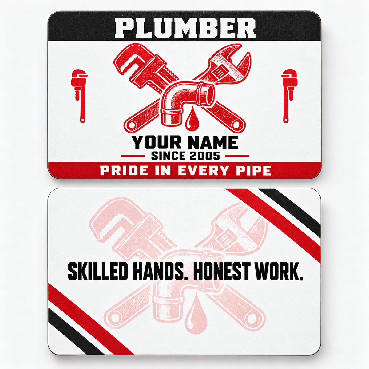 Front and reverse views of the Plumber Red Monochrome Craft aluminum wallet card, showing its trade-themed printed artwork.