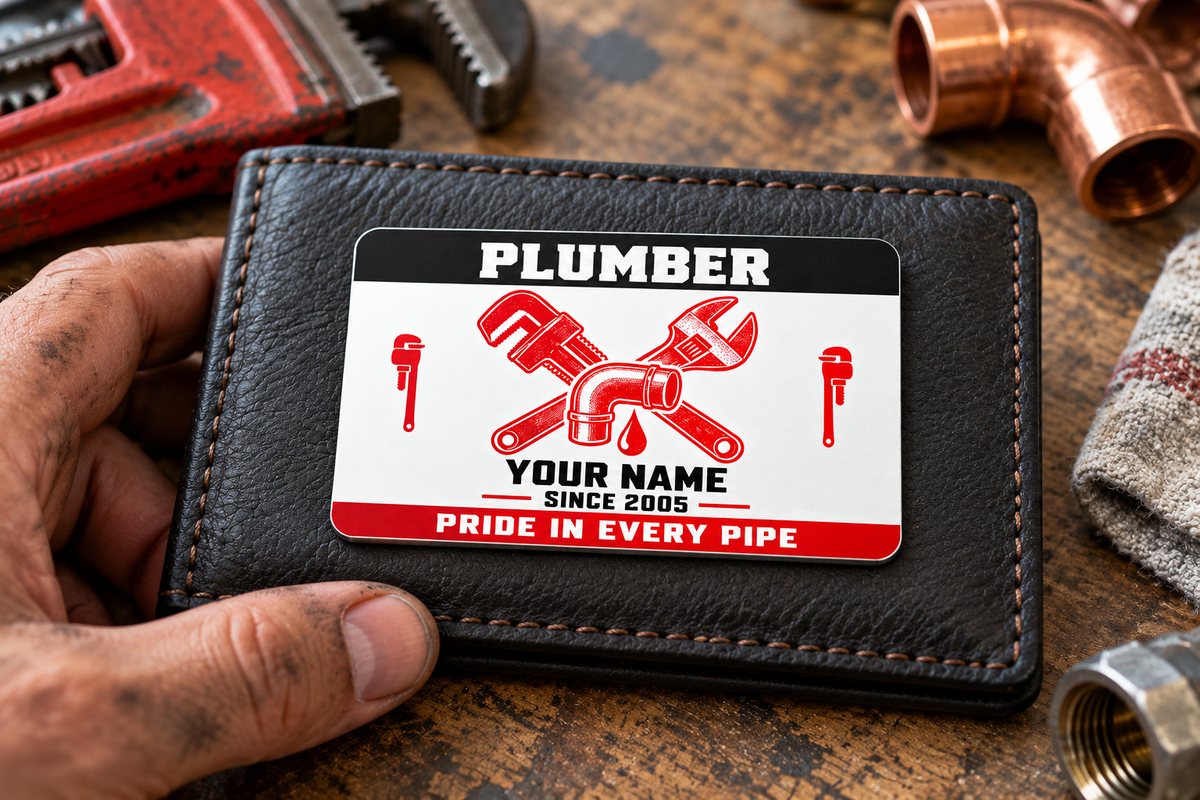 The printed front of the Plumber Red Monochrome Craft aluminum wallet card shown in an occupational lifestyle setting with an adult worker.