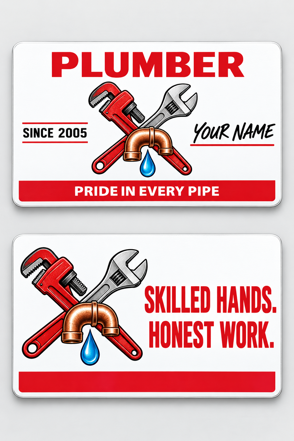 Front and reverse views of the Plumber Signature Classic aluminum wallet card, showing its trade-themed printed artwork.