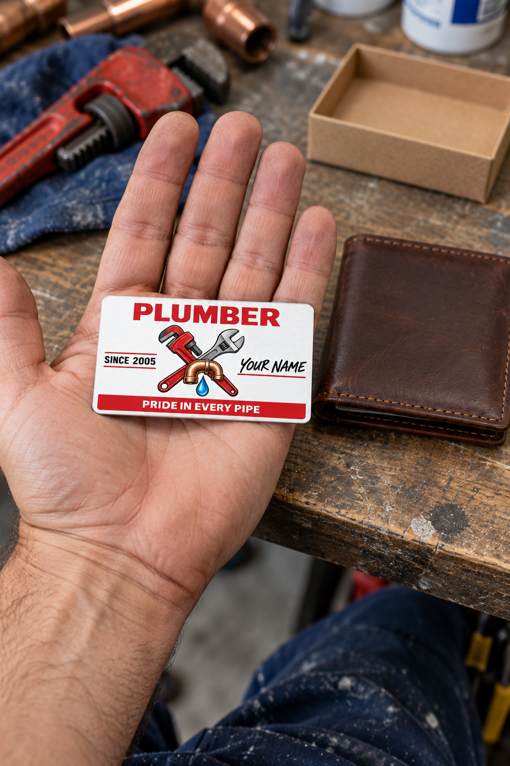 The printed front of the Plumber Signature Classic aluminum wallet card shown in an occupational lifestyle setting with an adult worker.