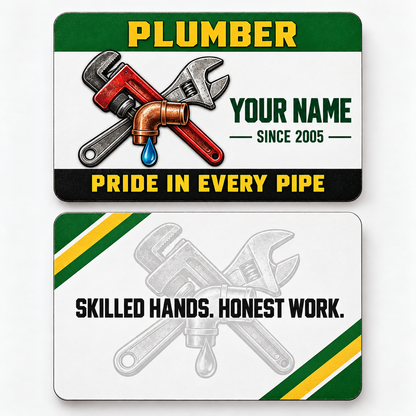 Front and reverse views of the Plumber Green Band Appreciation aluminum wallet card, showing its trade-themed printed artwork.