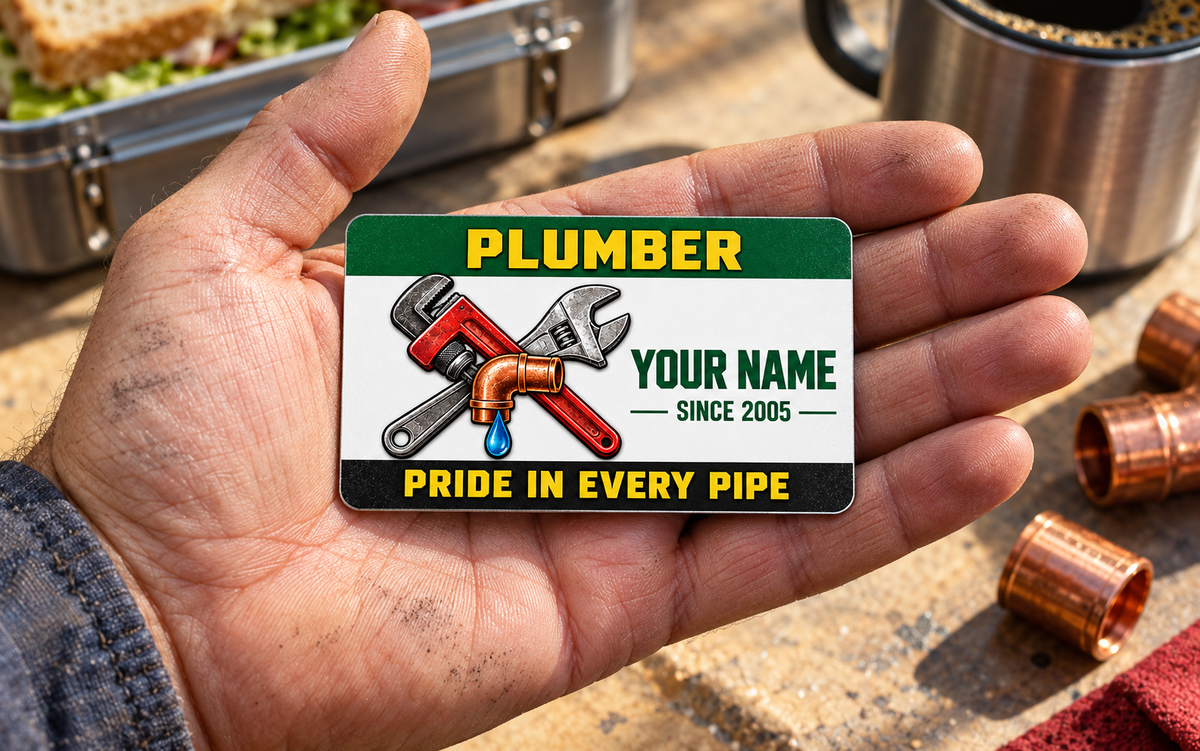 The printed front of the Plumber Green Band Appreciation aluminum wallet card shown in an occupational lifestyle setting with an adult worker.