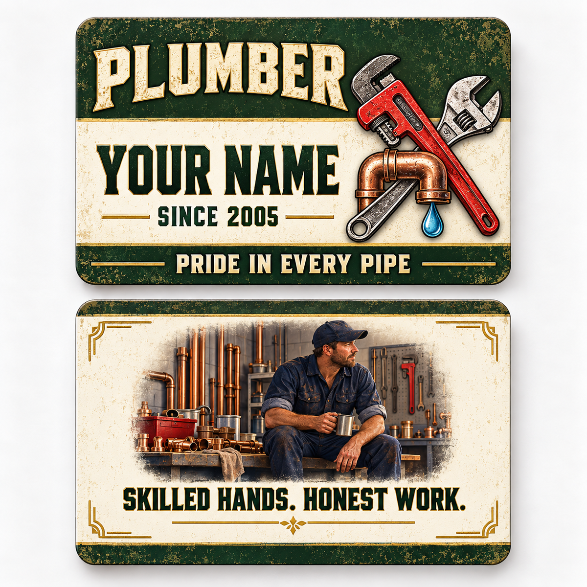 Front and reverse views of the Plumber Heritage Band Appreciation aluminum wallet card, showing its trade-themed printed artwork.