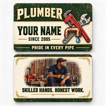 Front and reverse views of the Plumber Heritage Band Appreciation aluminum wallet card, showing its trade-themed printed artwork.