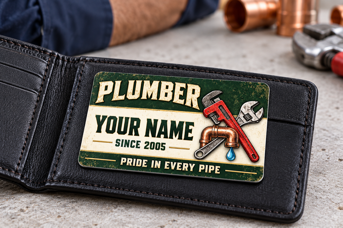 The printed front of the Plumber Heritage Band Appreciation aluminum wallet card shown in an occupational lifestyle setting with an adult worker.