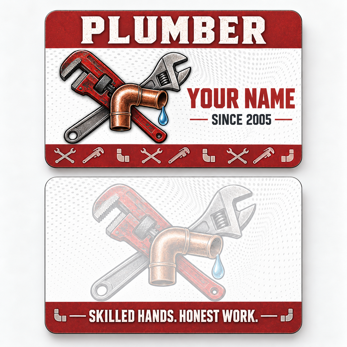 Front and reverse views of the Plumber Red Header Trade Pride aluminum wallet card, showing its trade-themed printed artwork.