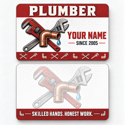 Front and reverse views of the Plumber Red Header Trade Pride aluminum wallet card, showing its trade-themed printed artwork.