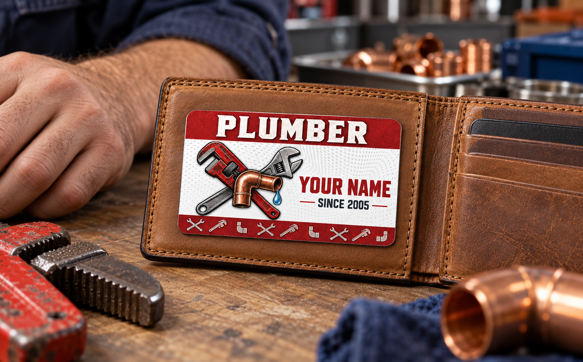 The printed front of the Plumber Red Header Trade Pride aluminum wallet card shown in an occupational lifestyle setting with an adult worker.