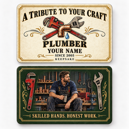 Front and reverse views of the Plumber Ivory Heritage Tribute aluminum wallet card, showing its trade-themed printed artwork.