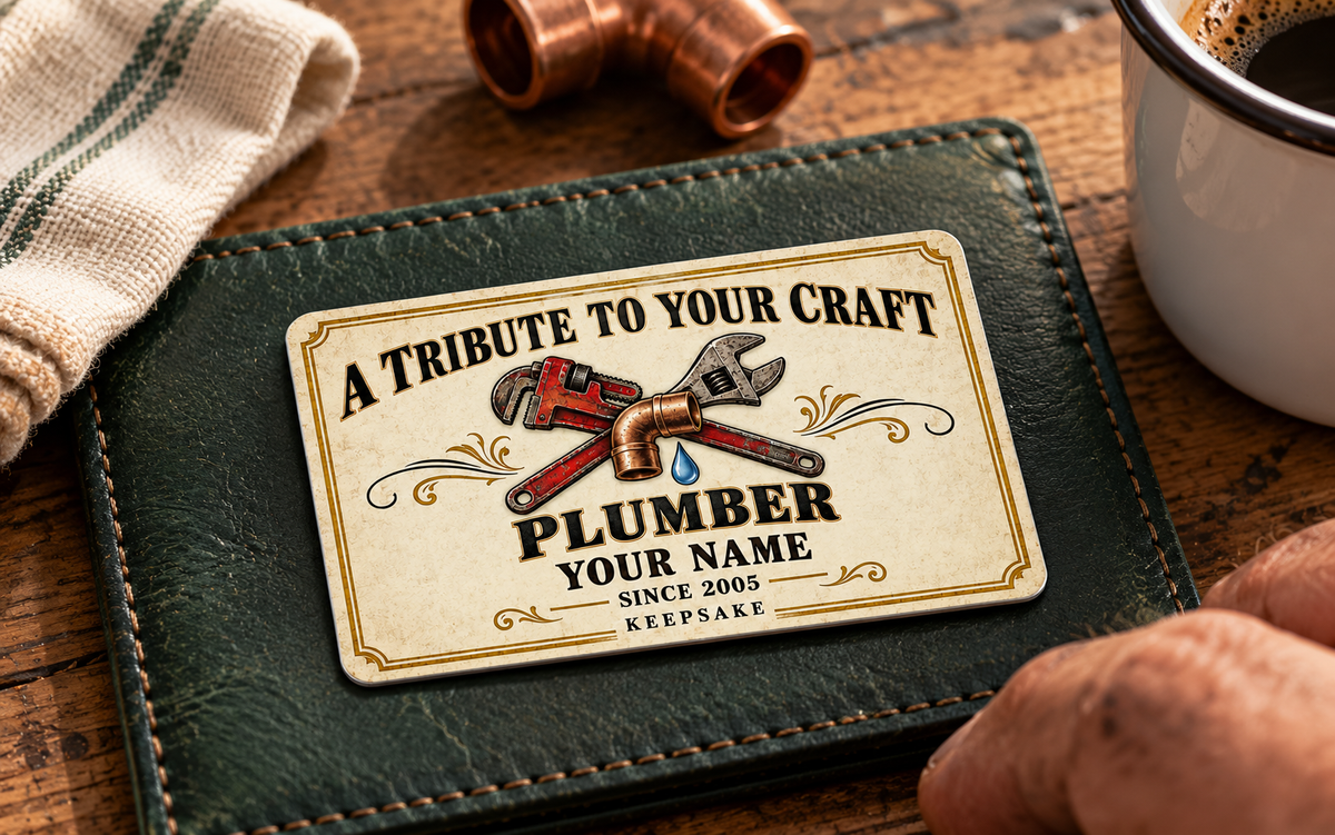 The printed front of the Plumber Ivory Heritage Tribute aluminum wallet card shown in an occupational lifestyle setting with an adult worker.