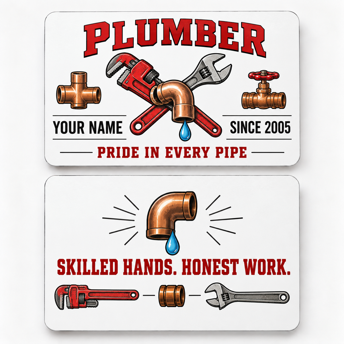 Front and reverse views of the Plumber Minimal Tool Grid aluminum wallet card, showing its trade-themed printed artwork.