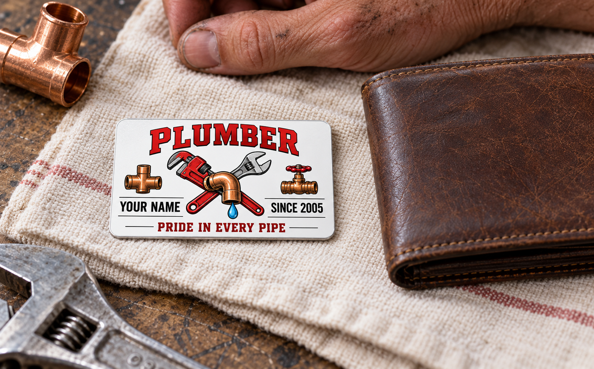 The printed front of the Plumber Minimal Tool Grid aluminum wallet card shown in an occupational lifestyle setting with an adult worker.