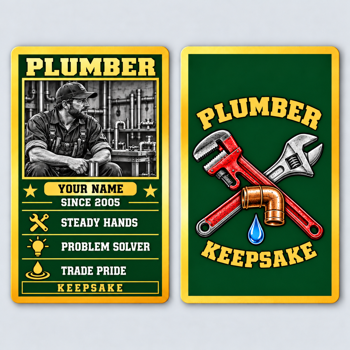 Front and reverse views of the Plumber Trade Legend Collectible aluminum wallet card, showing its trade-themed printed artwork.