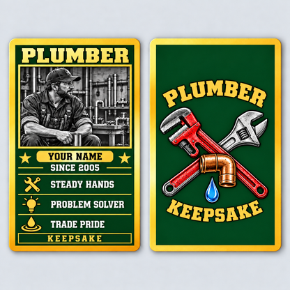 Front and reverse views of the Plumber Trade Legend Collectible aluminum wallet card, showing its trade-themed printed artwork.