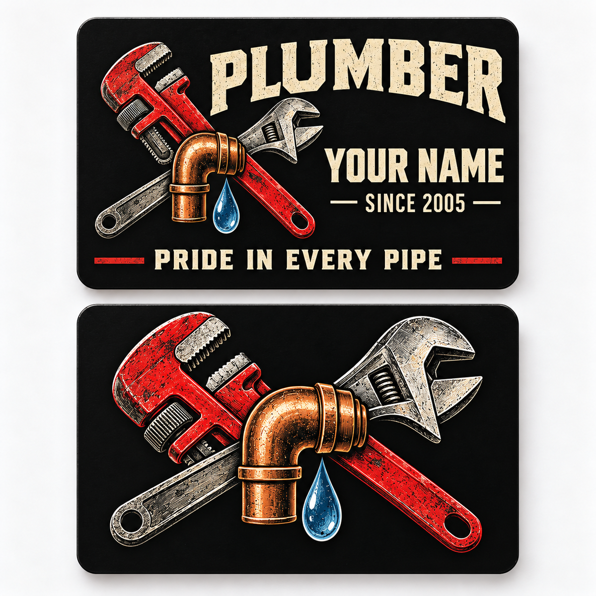 Front and reverse views of the Plumber Midnight Trade Pride aluminum wallet card, showing its trade-themed printed artwork.