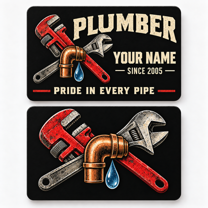 Front and reverse views of the Plumber Midnight Trade Pride aluminum wallet card, showing its trade-themed printed artwork.