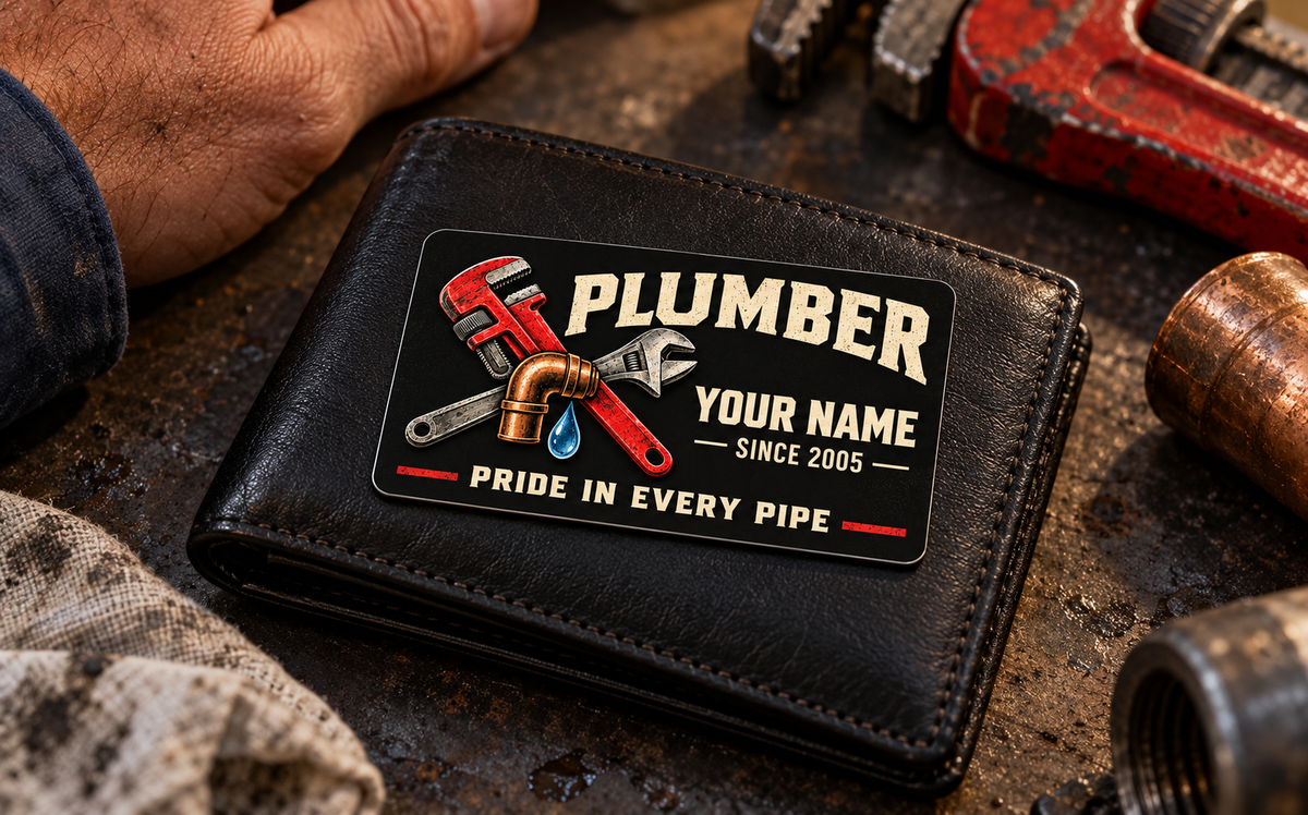 The printed front of the Plumber Midnight Trade Pride aluminum wallet card shown in an occupational lifestyle setting with an adult worker.