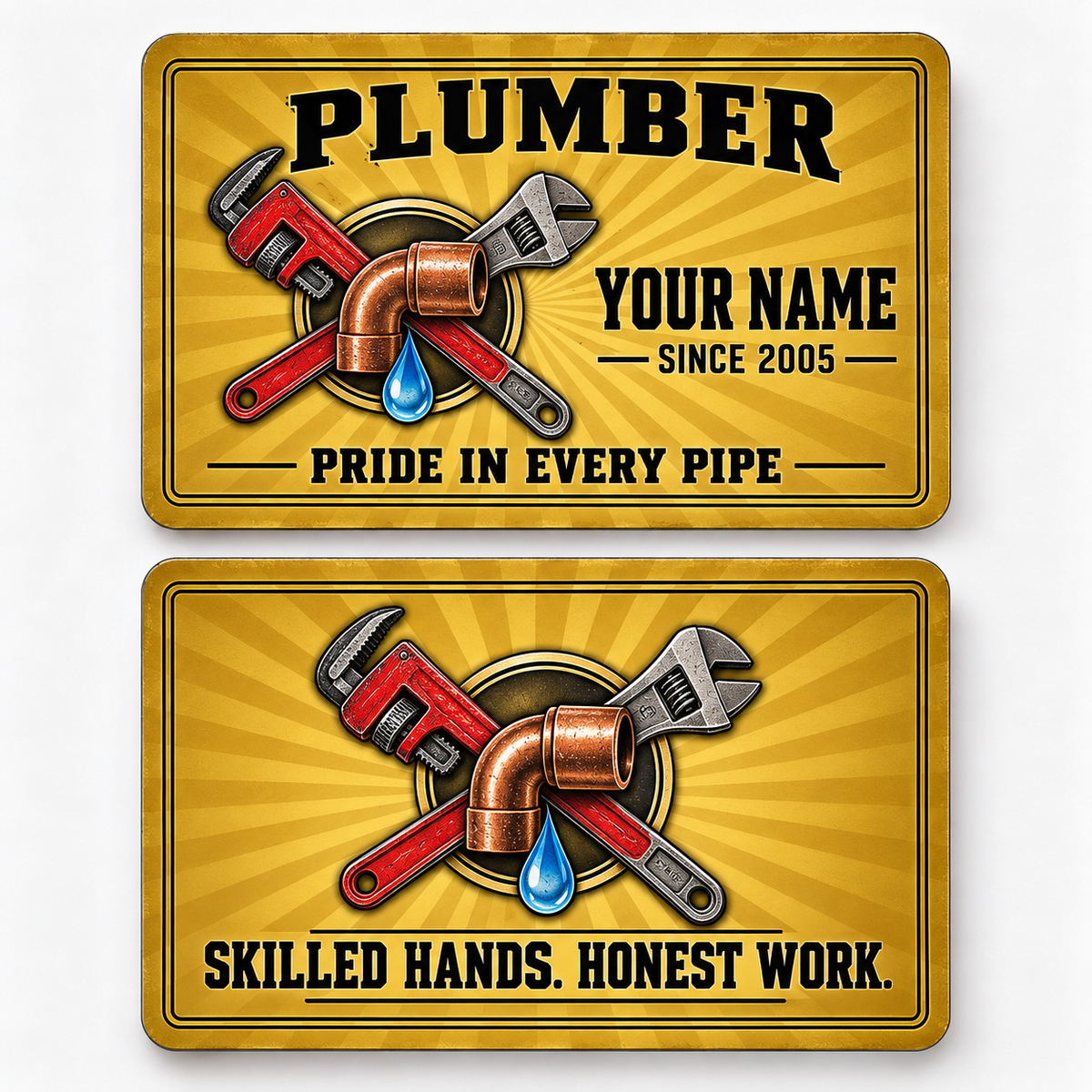 Front and reverse views of the Plumber Golden Milestone aluminum wallet card, showing its trade-themed printed artwork.