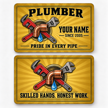 Front and reverse views of the Plumber Golden Milestone aluminum wallet card, showing its trade-themed printed artwork.