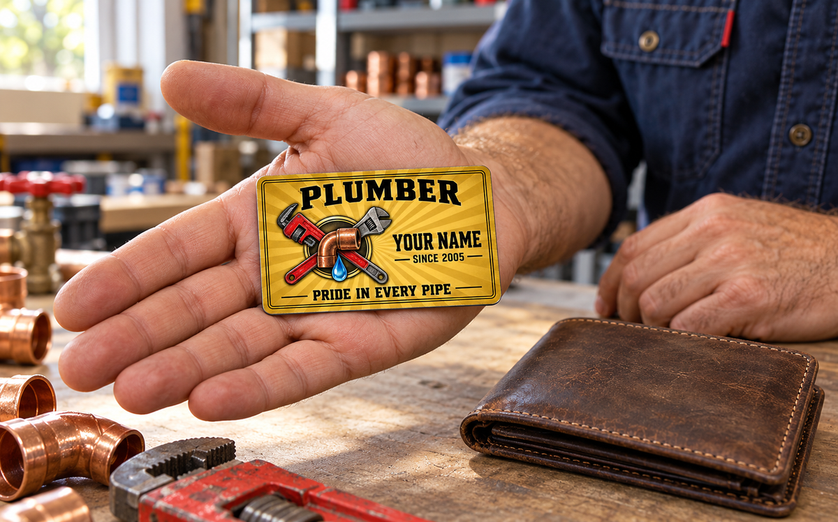 The printed front of the Plumber Golden Milestone aluminum wallet card shown in an occupational lifestyle setting with an adult worker.