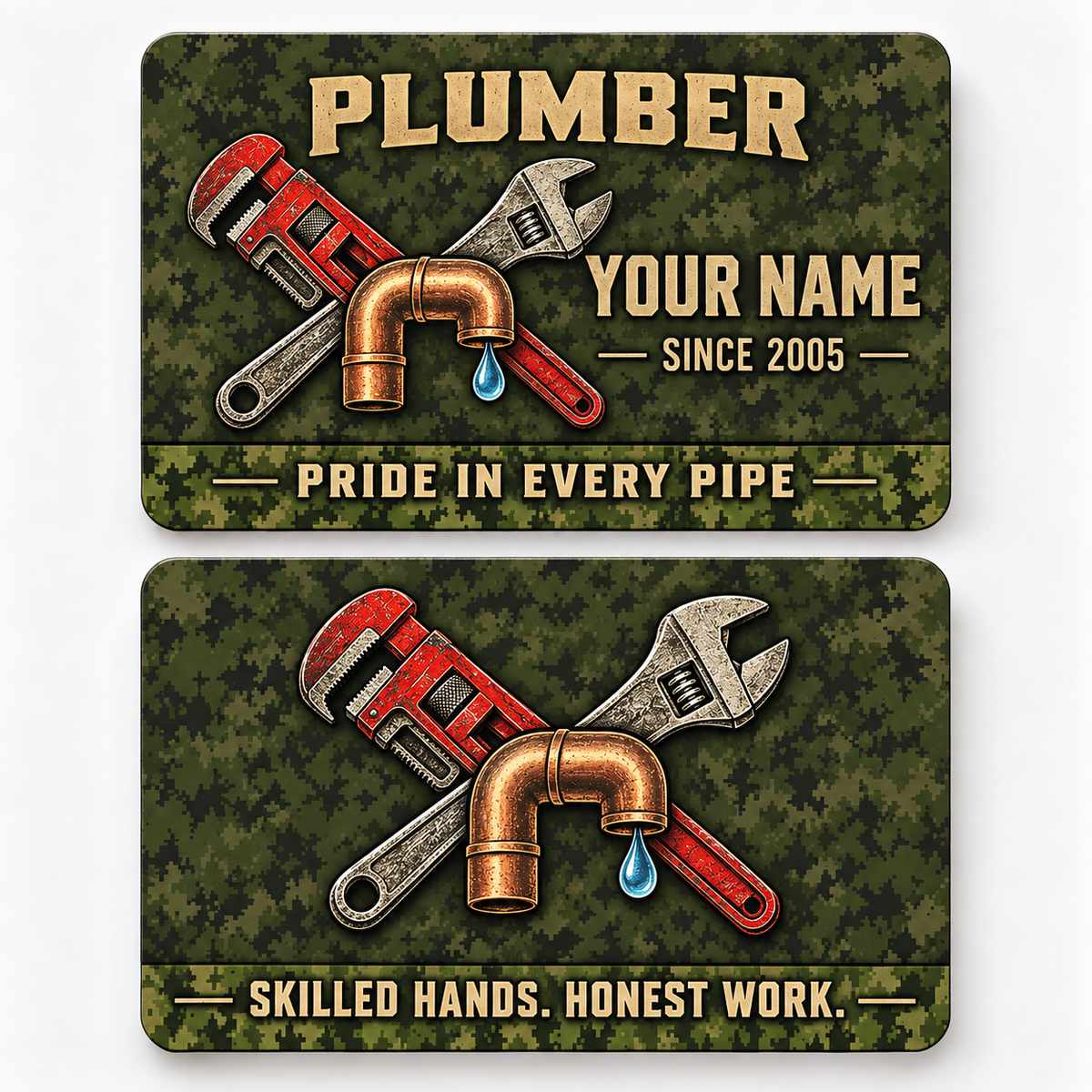 Front and reverse views of the Plumber Rugged Field Pride aluminum wallet card, showing its trade-themed printed artwork.